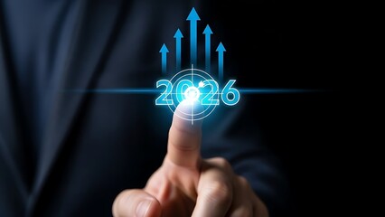 Businessman's finger touches glowing 2026 projection, propelling future growth and stirring dynamic business strategies for accelerated success and ambitious goal achievement
