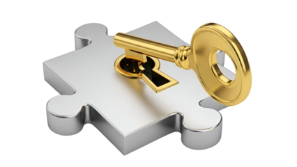 Golden key on a silver puzzle piece against black background