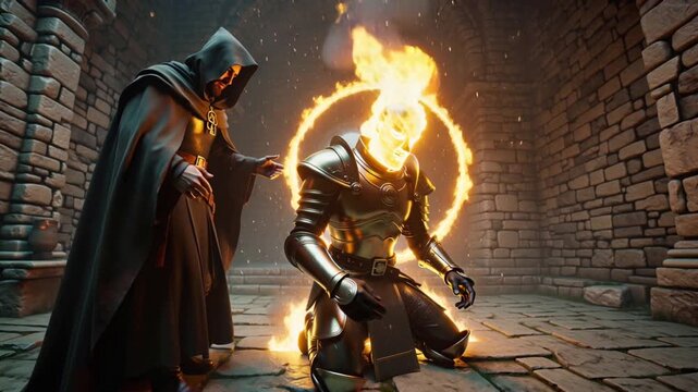 Dark fantasy ritual scene, mysterious witcher hooded medieval cloak inside ancient stone ruins, commanding a kneeling humanoid made fire wearing medieval armor, glowing magic runes rotating fire body