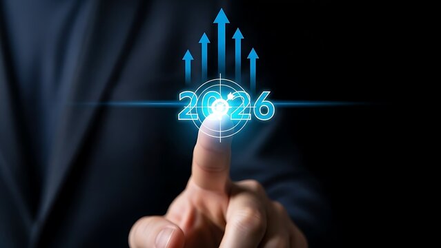 Businessman's finger touches glowing 2026 projection, propelling future growth and stirring dynamic business strategies for accelerated success and ambitious goal achievement