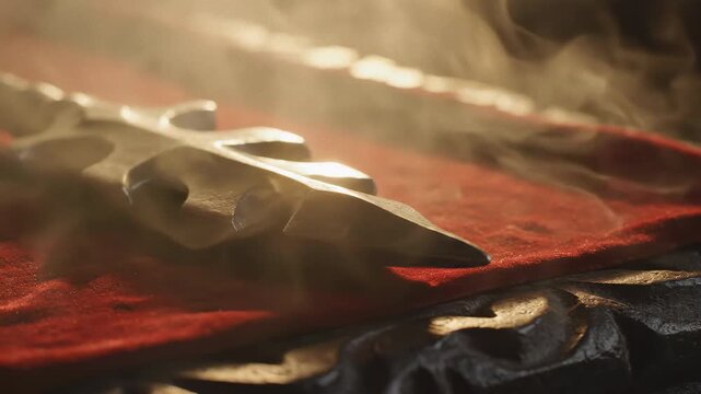 Abstract metallic object with intricate details and sharp edges rests on a textured red surface illuminated by dramatic lighting creating an atmospheric and mysterious scene with golden dust