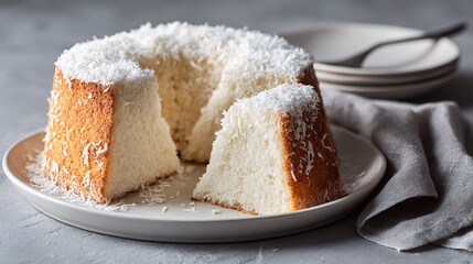 Coconut chiffon cake with subtle glaze sheen, soft gray background, refined dessert presentation