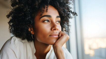 African American woman entrepreneur in a minimalist loft, looking at a vision board, International Women's Day ambition, soft morning sunlight, sharp focus on her pensive face, wit