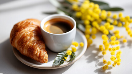 Minimalist flat lay of a French cafe table: a single espresso, a croissant, and a tiny sprig of mimosa, International Women's Day morning ritual, bright airy aesthetic, sharp focus