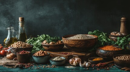 Vibrant Assortment of Fresh Ingredients and Spices on Rustic Table for Cooking Culinary Delights and Healthy Meals Featuring Natural Textures and Colors