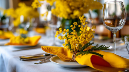 Close-up of a festive table in an Italian restaurant, decorated with mimosa petals and yellow napkins, International Women's Day dinner setting, warm ambient light, sharp focus on