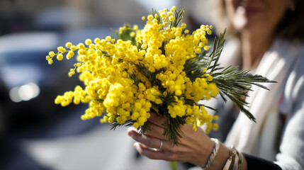 Close-up of an Italian woman's hands holding a vibrant bouquet of yellow mimosa flowers, traditional Festa della Donna celebration in Rome, soft sunlight, sharp focus on delicate b
