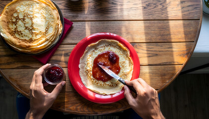 Top View of Fresh Crepes with Berry Jam on Wooden Table, Food