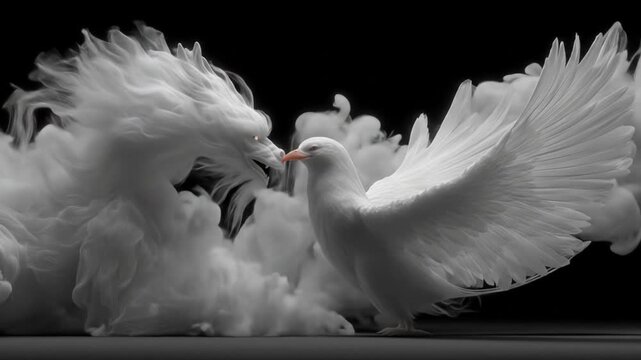 Abstract art of a white dove with smoke dragon on black background
