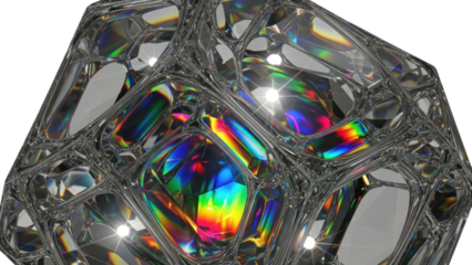 Abstract geometric crystal structure with rainbow refraction isolated on transparent background