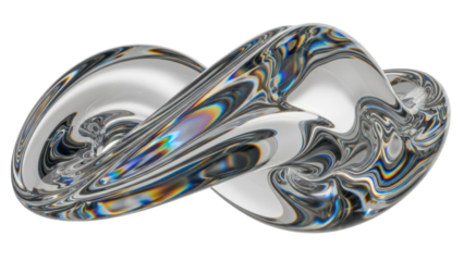 Abstract glass knot with iridescent reflections, isolated on transparent background