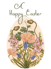 Hand drawn botanical illustration. An illustration of an egg decorated with flowers and the inscription Happy Easter