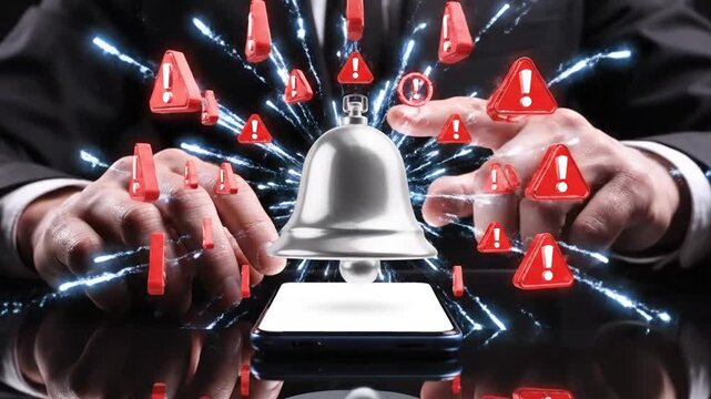 Alarm bell ringing on a smartphone screen surrounded by digital alerts and notifications, representing urgent communication and warnings, business concepts