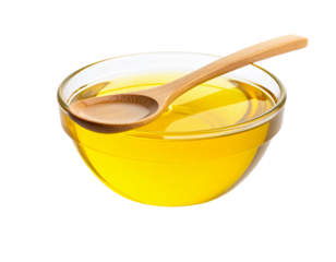Glass Bowl of Soybean Cooking Oil with Wooden Spoon, Front View, Isolated on White