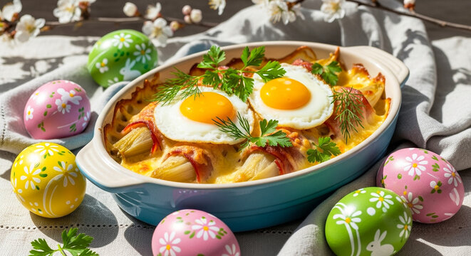 Chicon au gratin with quail eggs in ceramic dish, Easter decoration and spring herbs for festive meal
