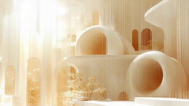 Futuristic white architecture featuring organic curves and round shapes bathed in warm. Ethereal light. Creating a serene and minimalist utopian landscape with subtle glowing details and subtle trees