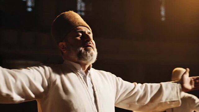 A Sufi mystic in traditional attire performs a sacred whirling dance, embodying spiritual devotion and meditative movement