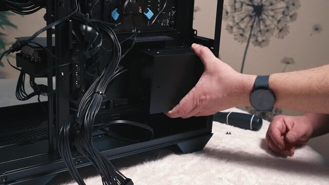 Installing a metal drive cage with a mounted SSD into the lower compartment of a computer case for further connection
