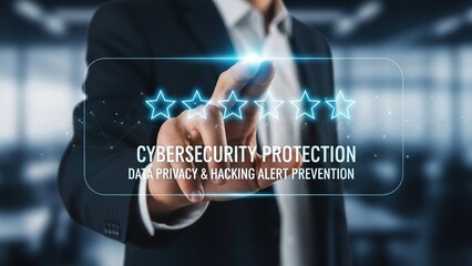 Closeup business professional hand reviewing five star rating representing cybersecurity protection with data privacy and hacking alert prevention