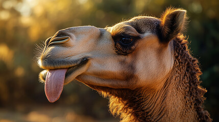 Funny camel sticking out tongue in warm golden light