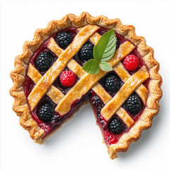Berry pie with lattice crust and fresh raspberries, blackberries isolated on white background