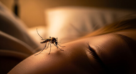 Mosquito on sleeping child in dimly lit bedroom, insect presence and childhood rest in home environment