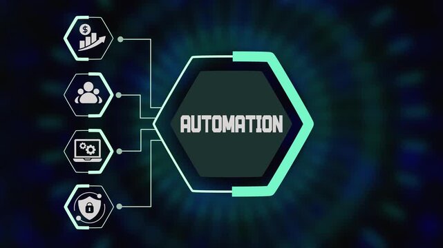 Business automation concept with smart hexagon interface, workflow control icons, digital process management and futuristic technology background.