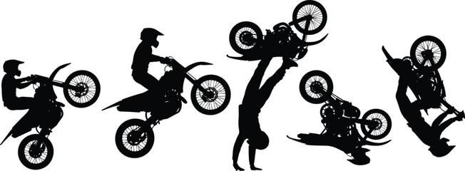 Black silhouettes of motocross riders performing extreme stunts and jumps, freestyle dirt bike action set for sports graphics isolated on white background © Farzana