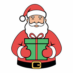 Santa Claus Holding a Green Christmas Gift Box, Vector Illustration