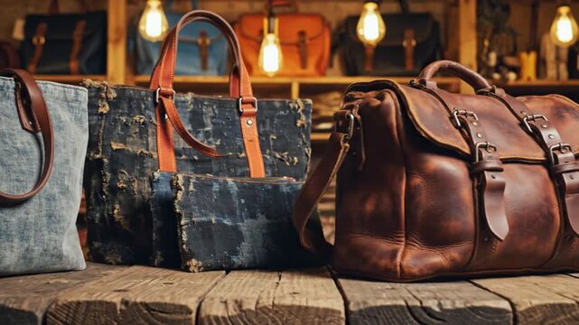 A collection of stylish leather and canvas bags displayed on a rustic wooden surface with warm, inviting lighting