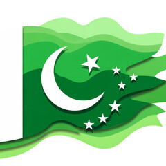 Stylized Green Paper Cut Pakistan Flag with Crescent and Stars. National Identity. Isolated on transparent background.