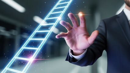 Closeup Businessman Hand interacting with virtual ladder, representing career climbing, promotion, professional growth, and corporate hierarchy