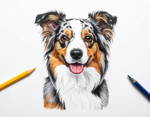 border collie puppy, color pencil drawing isolated on white background