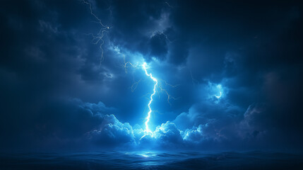 Intense lightning illuminating dark storm clouds over the ocean at night, climate change, natural hazards.