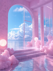 Pink pastel interior with arched doorways, and a serene sea view under a blue sky.
