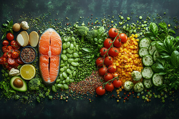 A flat lay photo of a balanced healthy meal featuring fresh salmon, mixed greens, cherry tomatoes, cucumbers, avocado, broccoli, quinoa, lentils, corn, basil, and herbs, on a dark background.