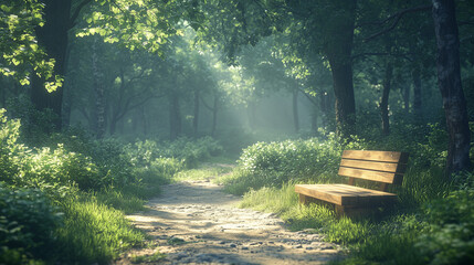 A peaceful forest path with a wooden bench, surrounded by lush trees and dappled sunlight filtering down, a tranquil natural environment.