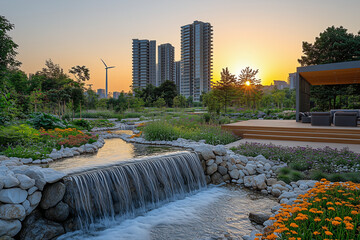 A sustainable urban park with a small waterfall stream and eco-friendly modern residential buildings at sunset; green infrastructure, renewable energy, and urban lifestyle.