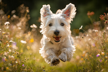 Joyful white terrier sprinting through a sunlit wildflower meadow at golden hour, ears flapping and tongue out capturing playful energy and freedom