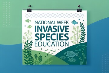 National week invasive species education poster design featuring stylized aquatic plants and various fish illustrations to raise environmental awareness about ecological threats