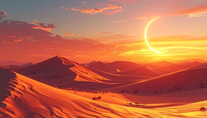 A stunning desert landscape unfolds at the golden hour, with undulating sand dunes illuminated by the radiant glow of a setting sun and graced by a prominent crescent moon in the vibrant sky