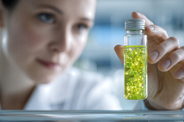 Scientist examining a vial of luminous green microbeads in a modern laboratory — biotechnology research and experimental sample for medical materials testing
