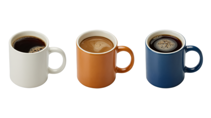 High-quality commercial coffee mug photography, three vibrant ceramic mugs, rich foamy coffee, premium e-commerce product shot, professional lighting, clean, glossy texture. Transparent background.