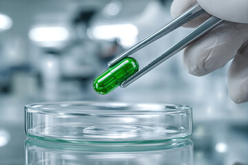 Green pharmaceutical capsule held with tweezers over a petri dish in a sterile laboratory — medical research, biotechnology and clinical testing concept