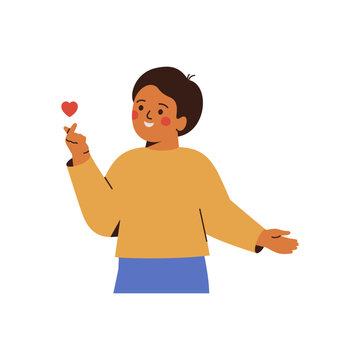Happy small boy make heart shape by fingers. Korean child show hand gesture of love and respect, kindness, relationship and friendship symbol. Vector illustration