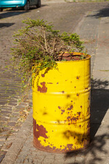 Gelbes Fass als Blumenk&uuml;bel auf dem B&uuml;rgersteig stehend, Deudschland