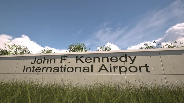 Arrivals at John F Kennedy International Airport with airplane landing near terminal, New York, United States