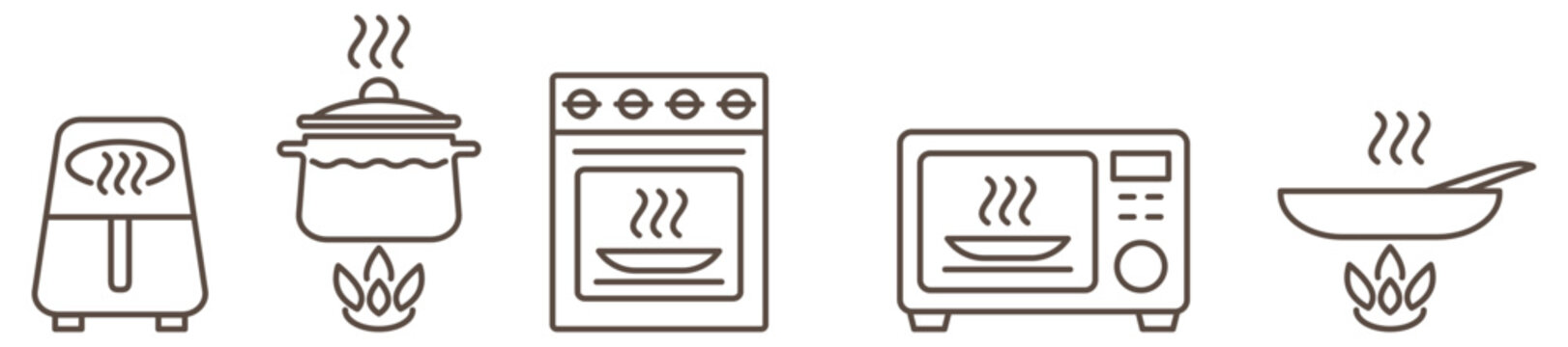 Kitchen appliance symbols linear icon set showing types of cooking. Includes oven, frying pan, air fryer, pot, deep fryer and microwave. Editable stroke vector icons isolated on white background.