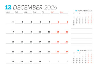 December 2026 Monthly Calendar Template for Planning and Organization ensures clean weekly structure with blank lines for tracking events. Week starts on Sunday. Good for teams and individuals