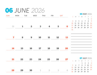June 2026 Monthly Calendar Template streamlines business tasks with minimalist blank lines, perfect for planning sessions and workflow optimization in office settings, vector illustration